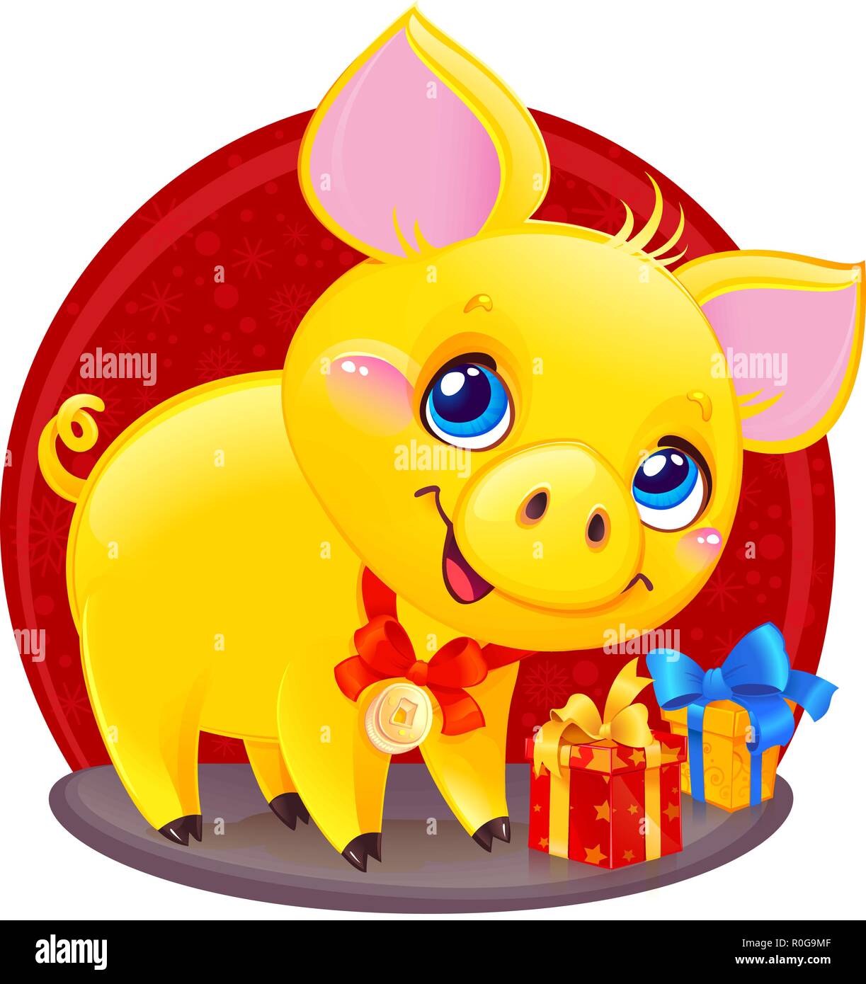 Gelbe erdigen Schwein mit Geschenkbox für das Neue Jahr 2019. Cute Symbol der chinesischen Horoskop. Stock Vektor