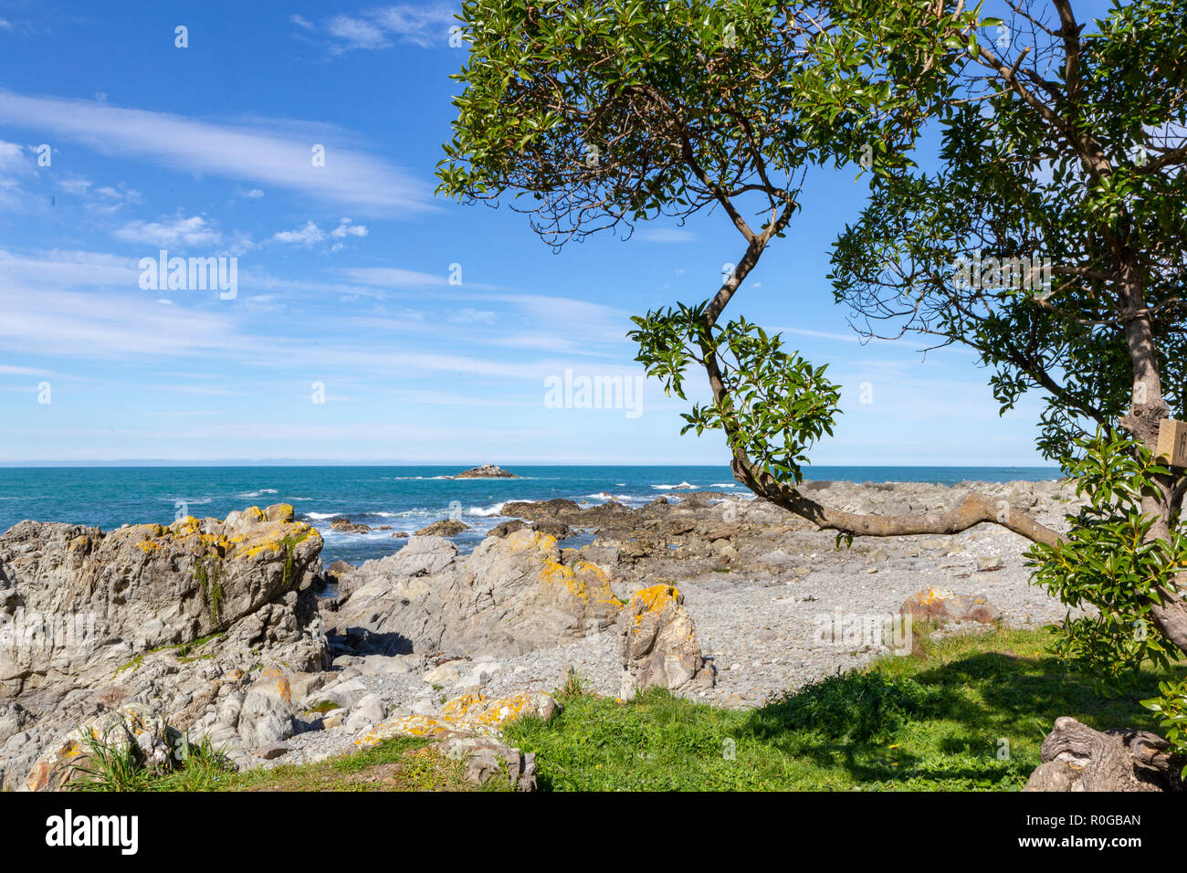 Blick vom Campingplatz, an der Küste von Kaikoura Kaikoura, Neuseeland Stockfoto