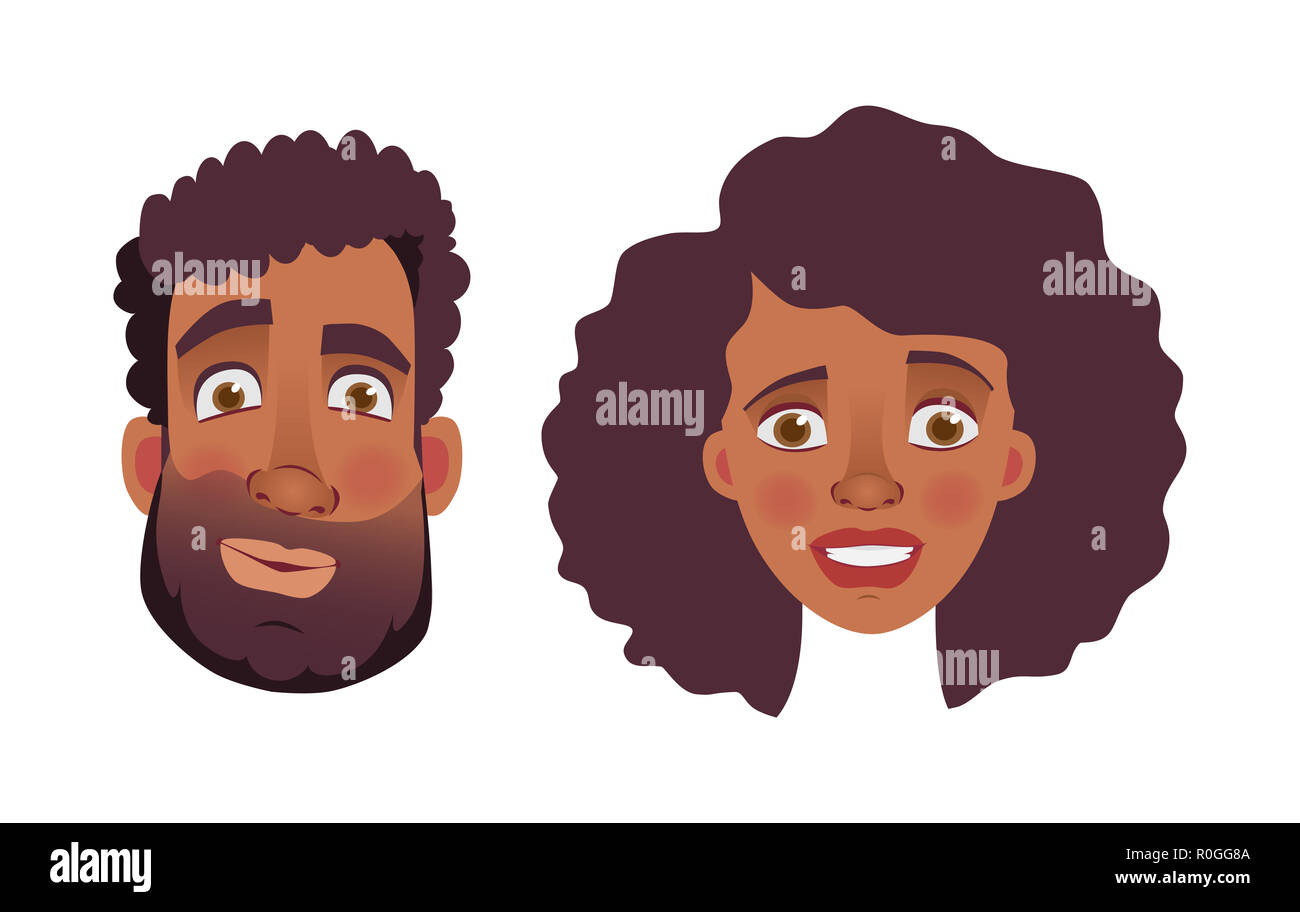Gesicht der afrikanischen Mann und Frau. Gefühle der afrikanischen amerikanischen Frau Gesicht. Mimik Männer Abbildung Stockfoto