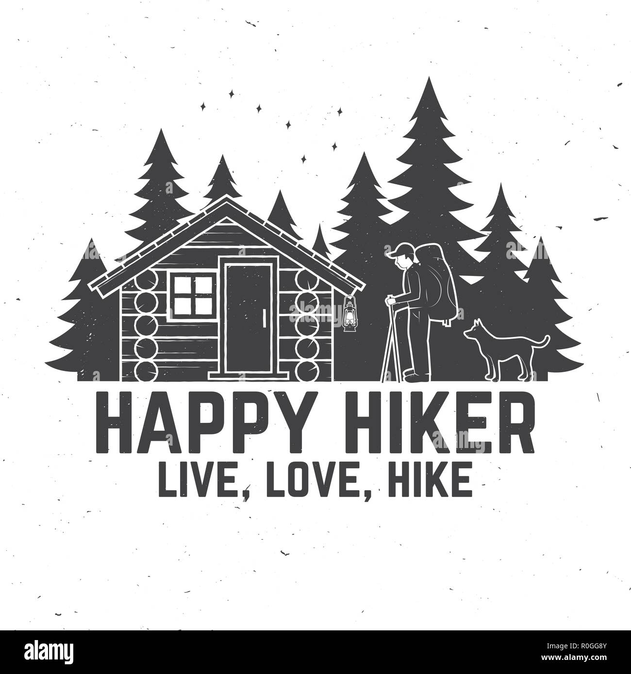 Happy Wanderer. Leben, Lieben, Wandern. Extreme Abenteuer. Vector Illustration. Konzept für Hemd oder Drucken, stempeln. Vintage Typografie Design mit Wanderer, Hund, Waldhütte und Wald Silhouette in der Nacht Stock Vektor