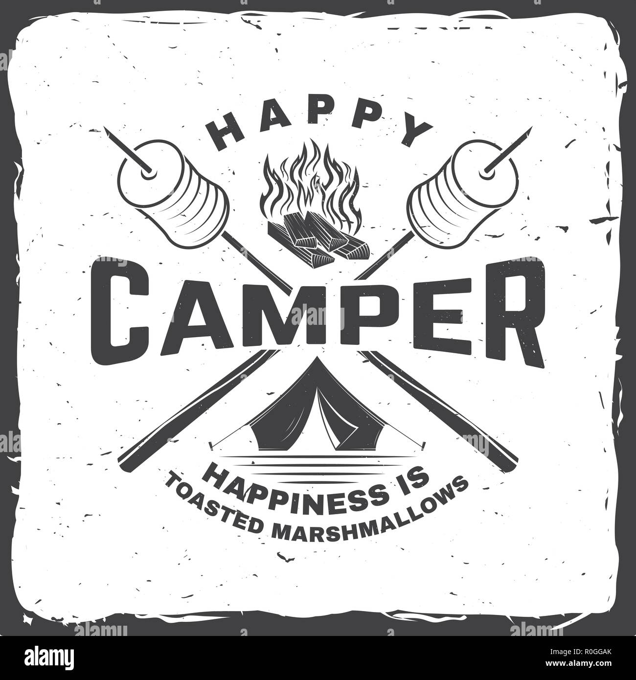 Happy Camper. Glück ist gerösteten Marshmallows. Vector Illustration. Vintage Typografie Design mit Camping Zelt, Lagerfeuer, Marshmallow auf einem Stick Silhouette. Konzept für Hemd oder Drucken, Stempel oder T-Stück Stock Vektor