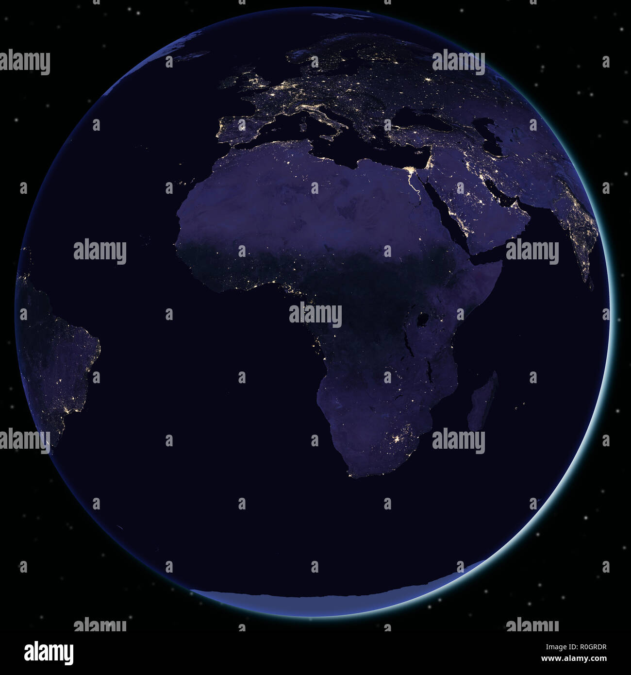 Europa und Afrika bei Nacht vom Weltraum aus gesehen - Elemente dieses Bild von der Nasa eingerichtet Stockfoto