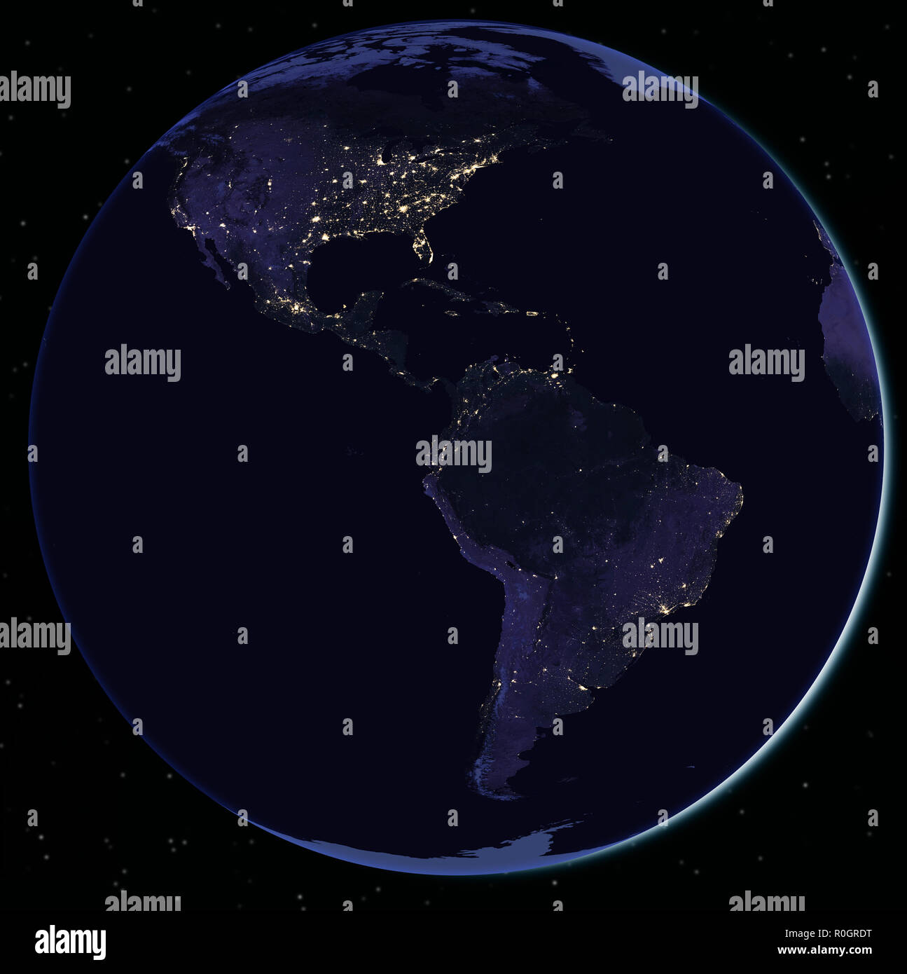 Nord- und Südamerika in der Nacht vom Weltraum aus gesehen - Elemente dieses Bild von der Nasa eingerichtet Stockfoto