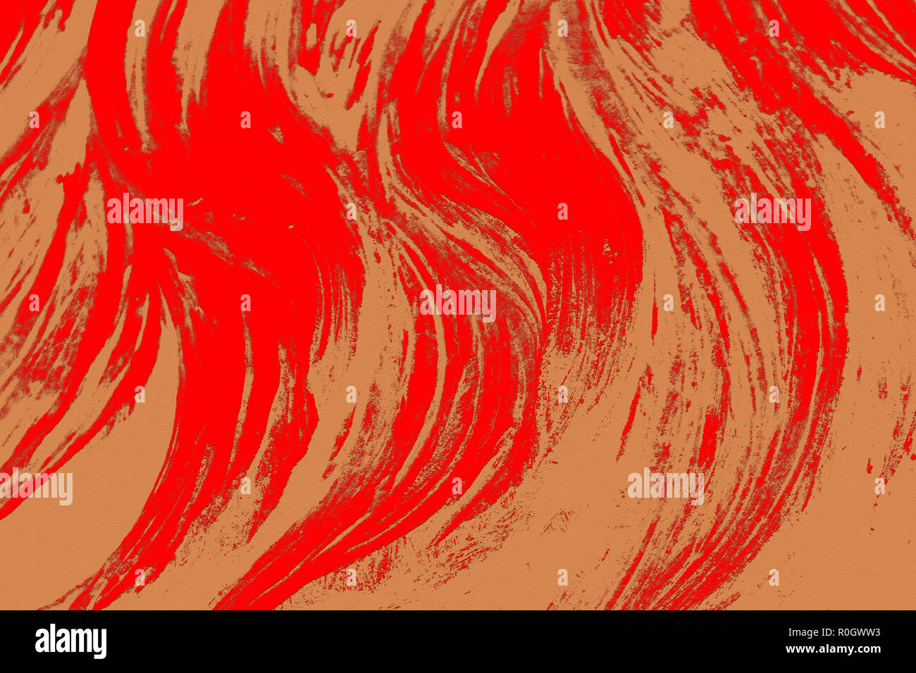 Beige abstrakt Hintergrund mit roten geschwungenen wellenförmigen Pinselstriche, Acrylfarbe Imitation Stockfoto