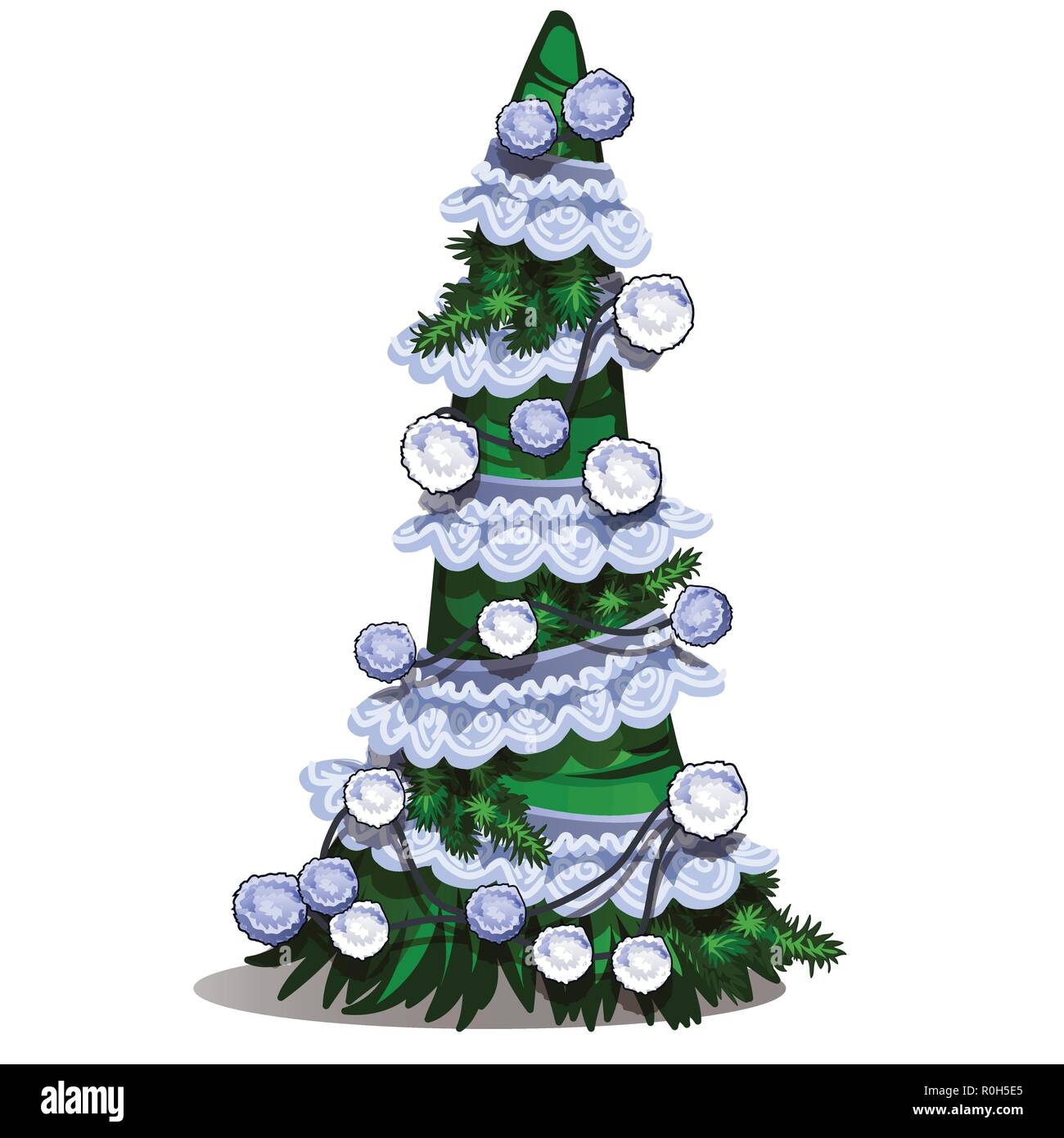 Cartoon Formgehölze in Form eines Kegels Weihnachtsbaum mit Weihnachtskugel, weiße Spitze Band und Pompons. Skizze für Grußkarten, festliche Poster, Party Einladung. Attribut von Weihnachten und das neue Jahr. Vektor Stock Vektor