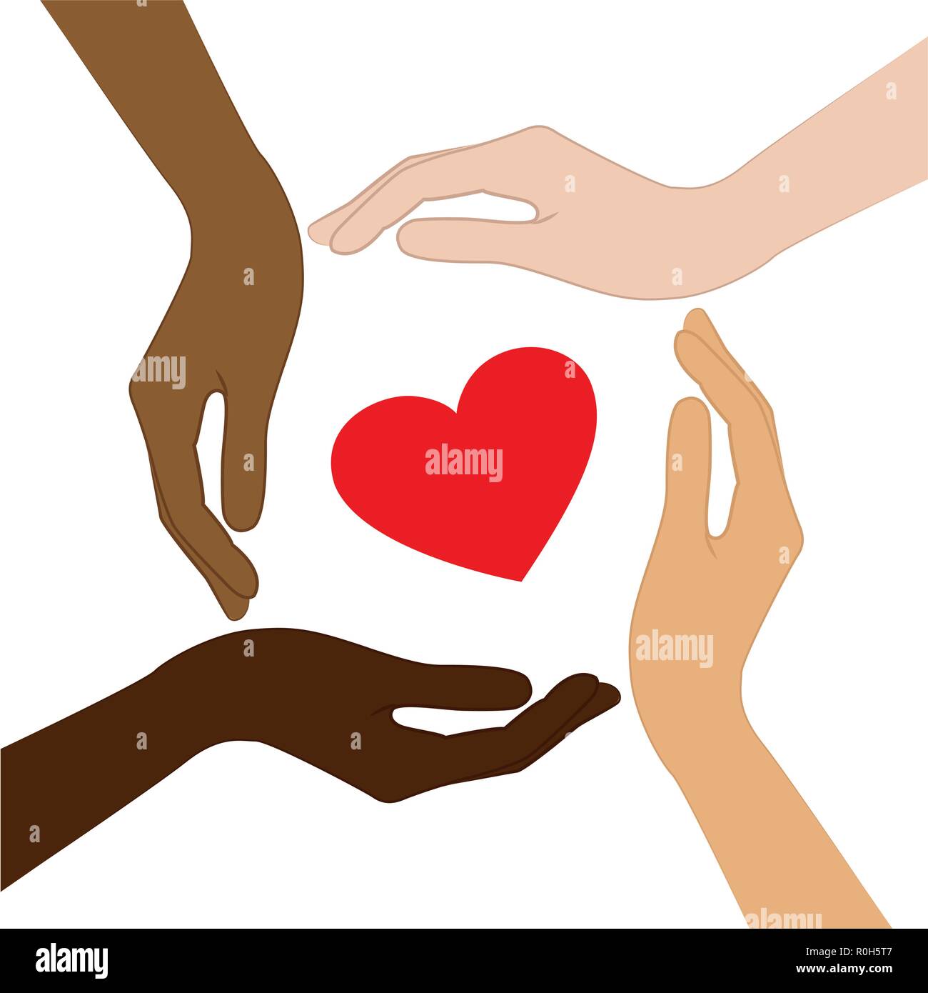 Rotes Herz in der Mitte der Hände mit unterschiedlichen Hautfarben Vektor-illustration EPS 10. Stock Vektor