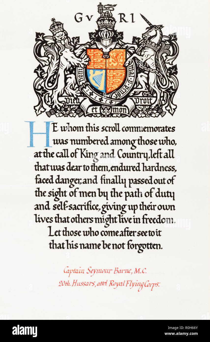 Eine offizielle Gedenkmünzen Blättern geschickt nach dem Krieg, der zur Familie der ein britischer Offizier im Ersten Weltkrieg getötet Stockfoto