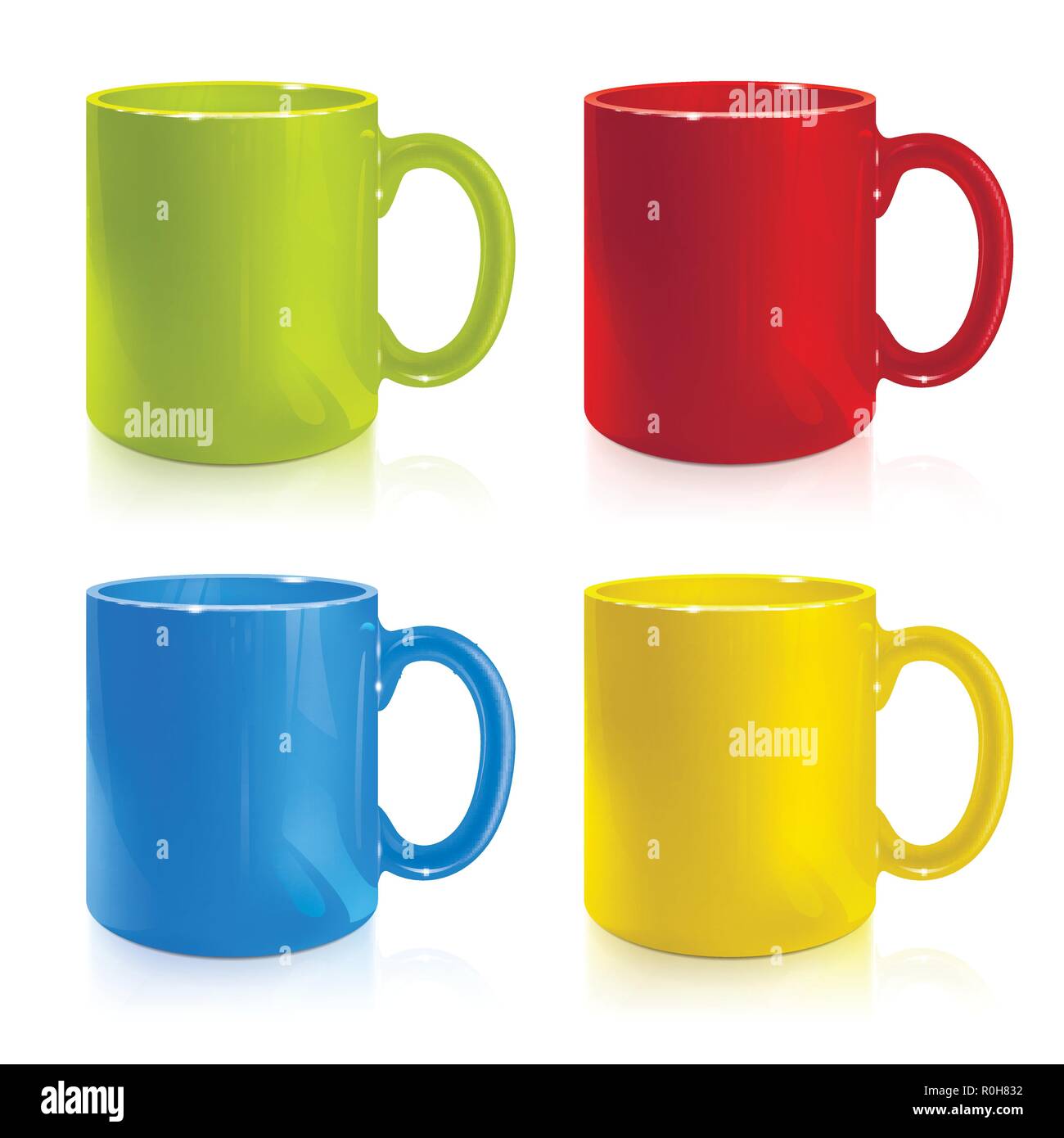 Satz von Grün, Rot, Blau, Gelb Tassen auf weißem Hintergrund Stock Vektor Satz von Grün, Rot, Blau, Gelb Tassen auf weißem Hintergrund Stock Vektor