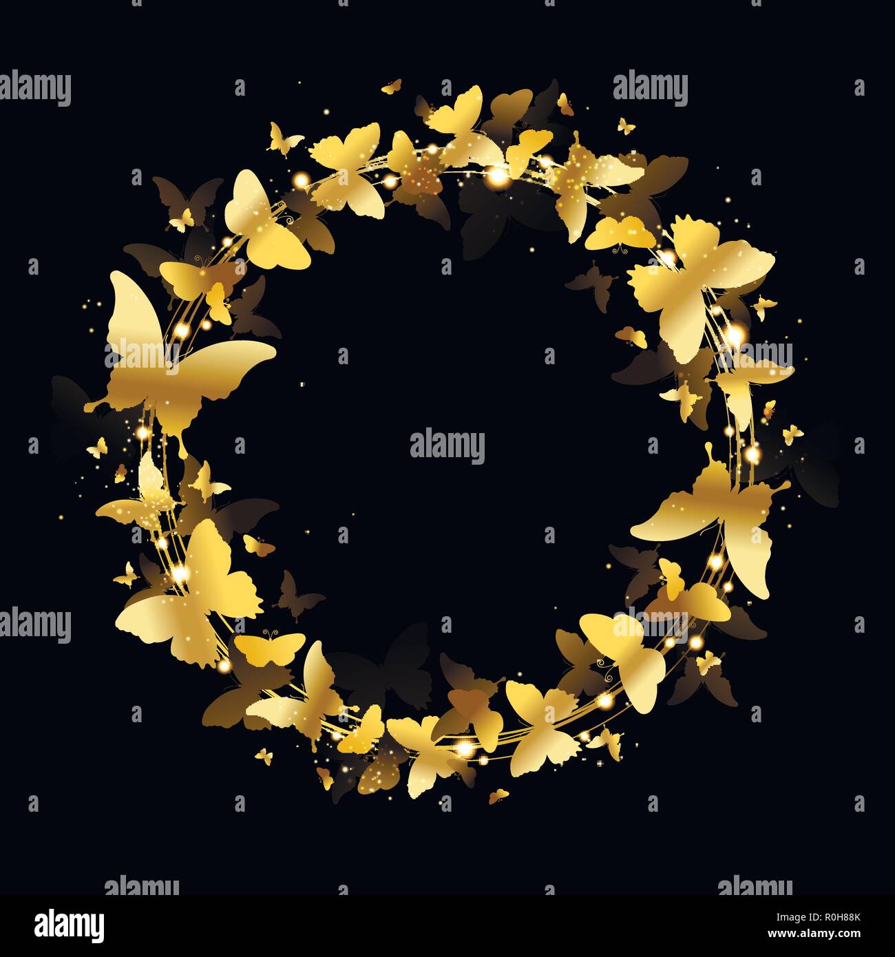 Kranz der goldene Schmetterlinge auf schwarzem Hintergrund Stock Vektor