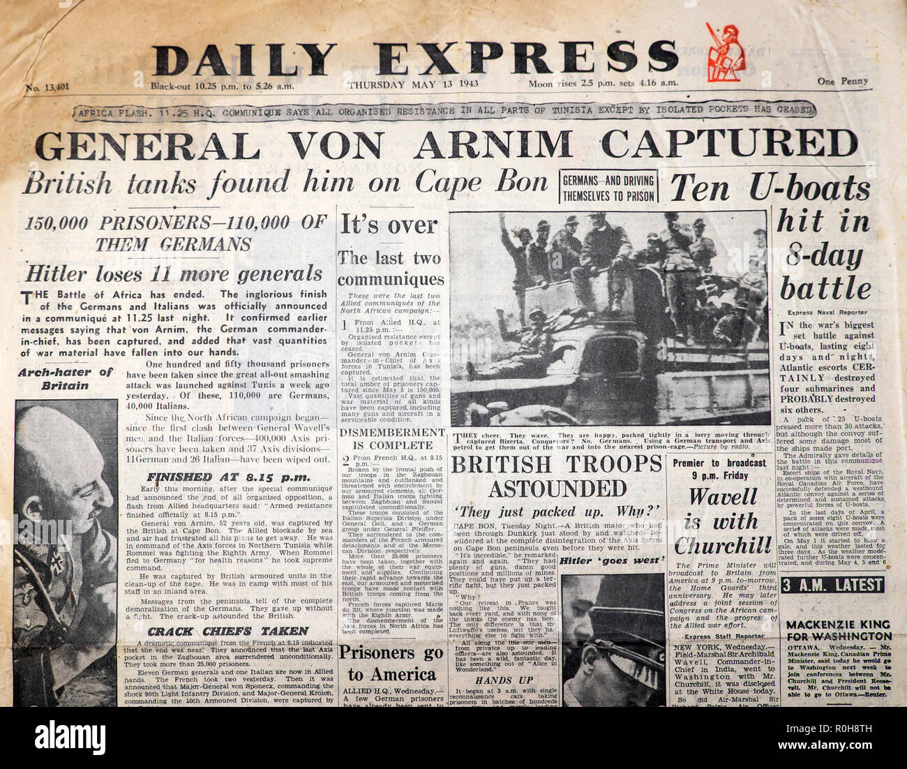 Zweiten Weltkrieg Zweiten Weltkrieg 2 Zeitung Schlagzeile Artikel Daily Express Papier 'General von Arnim gefangen'' Hitler verliert 11 weitere Generäle, UK, 13. Mai 1943 Stockfoto