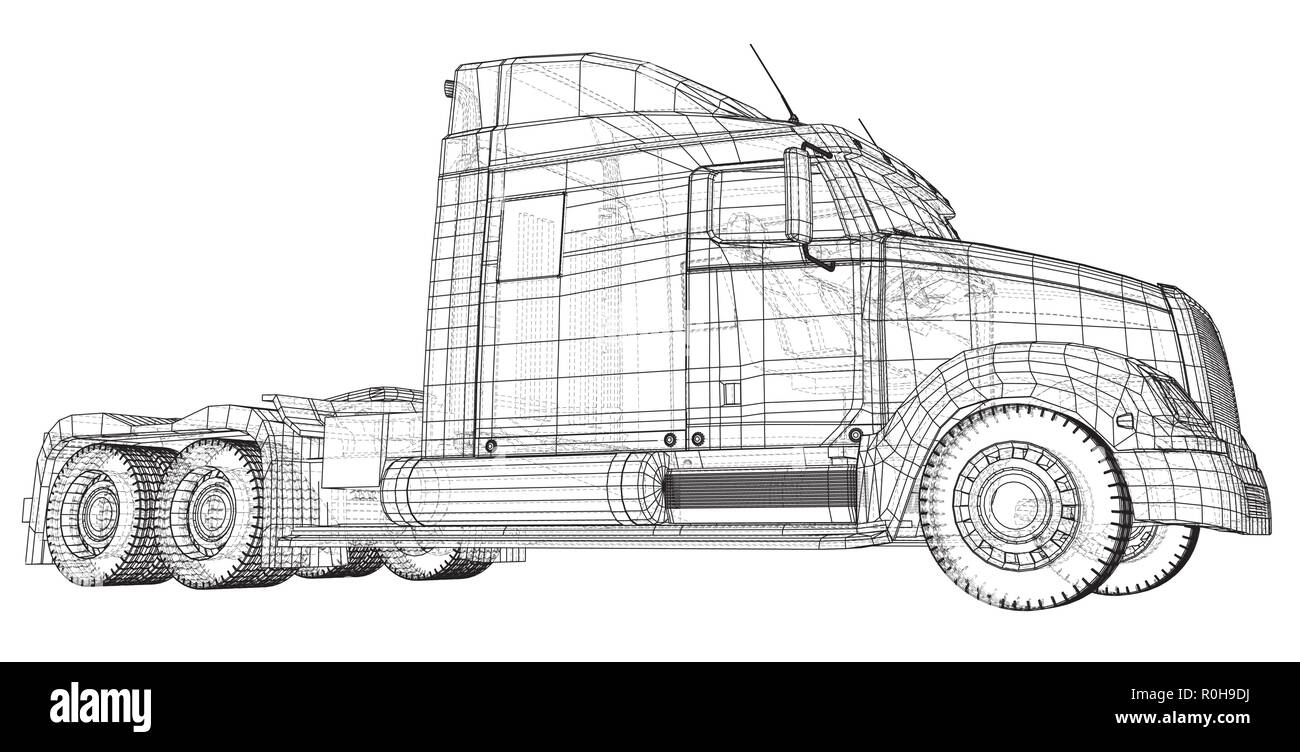Wire-frame Big Truck Vektor. Auf weissem Hintergrund. Tracing Abbildung der 3d. EPS 10 Vektor Format Stock Vektor