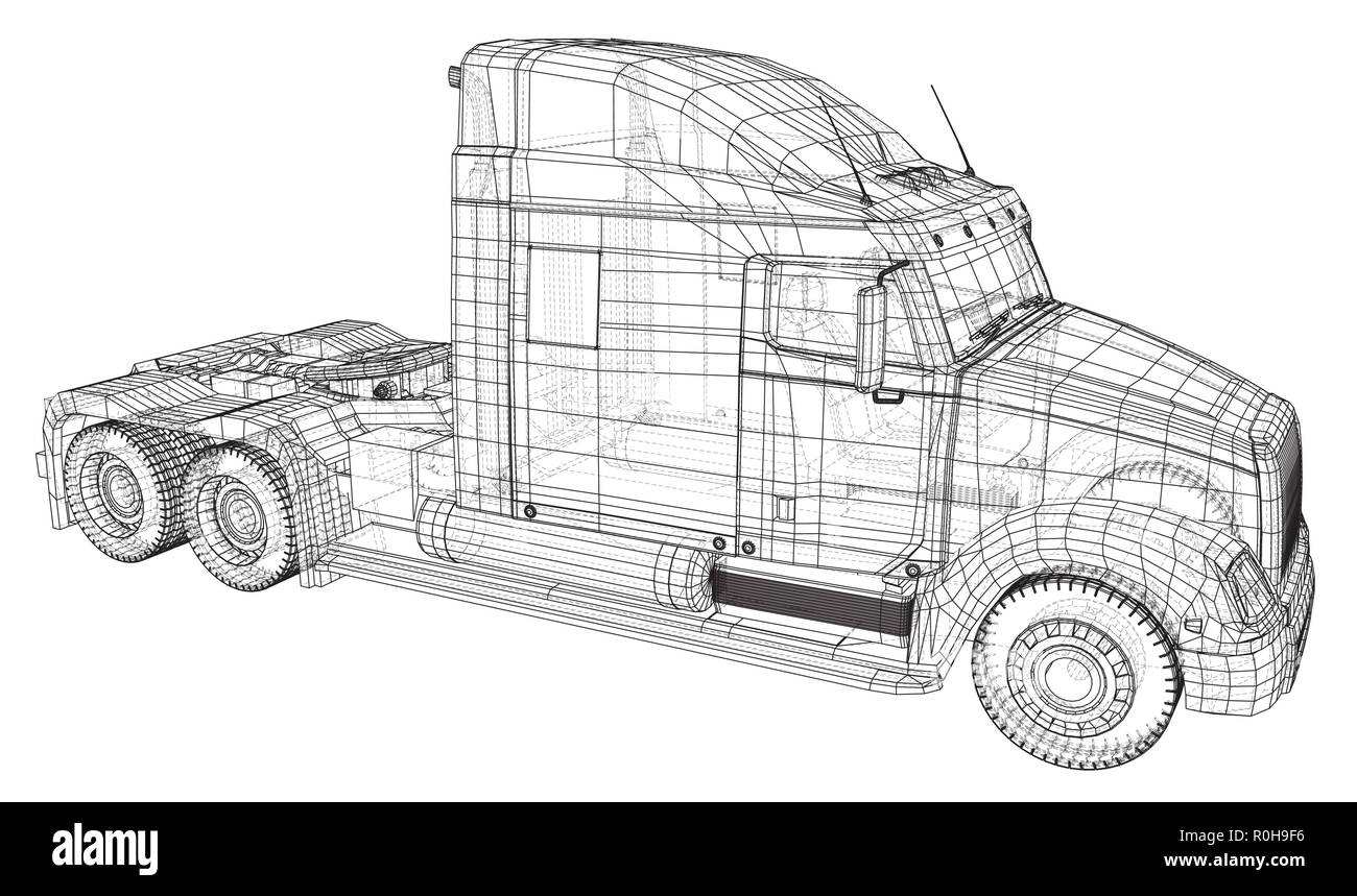 Wire-frame Big Truck Vektor. Auf weissem Hintergrund. Tracing Abbildung der 3d. EPS 10 Vektor Format Stock Vektor