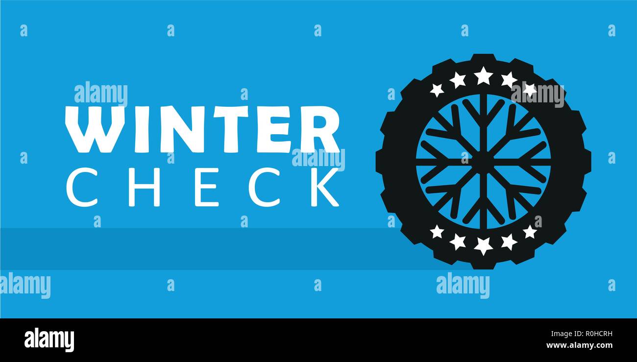 Winter check Auto Reifen mit der Schneeflocke auf blauem Hintergrund Vector Illustration Stock Vektor