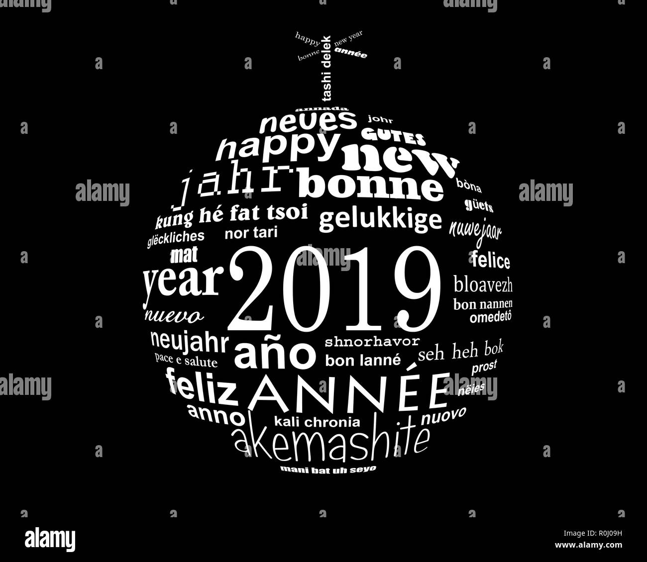 2019 Neues Jahr mehrsprachiger Text Wort Wolke in der Form eines christmas ball Stockfoto