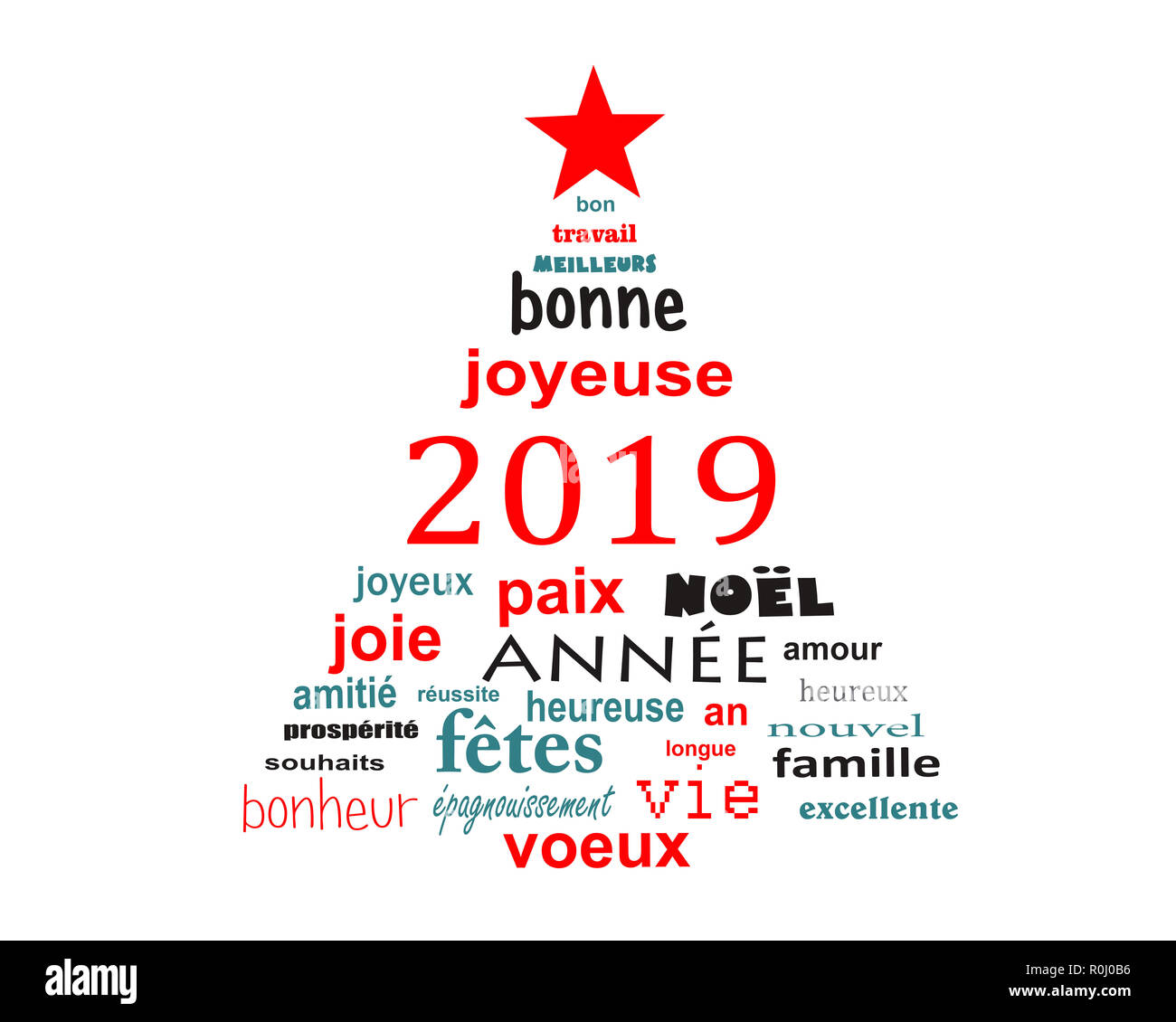 2019 Neues Jahr französische Wort cloud Grußkarte in der Form eines Weihnachtsbaumes Stockfoto