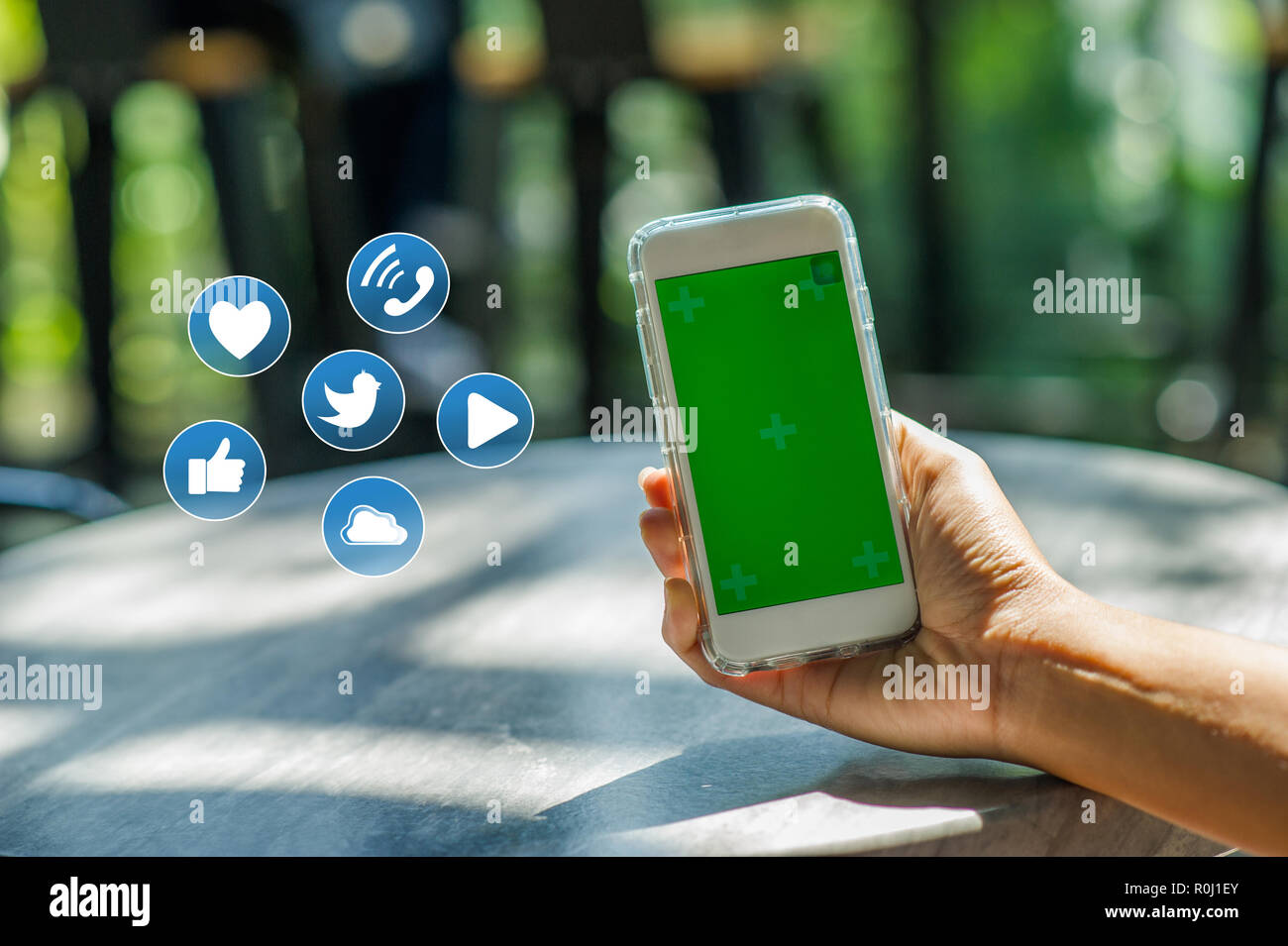 Die Ansicht wird geschnitten, aus der Hand der Frau mit einem smart phone mit einem leeren Bildschirm für Text oder Text Inhalt der Nachricht lesen auf einem Mobile p Stockfoto