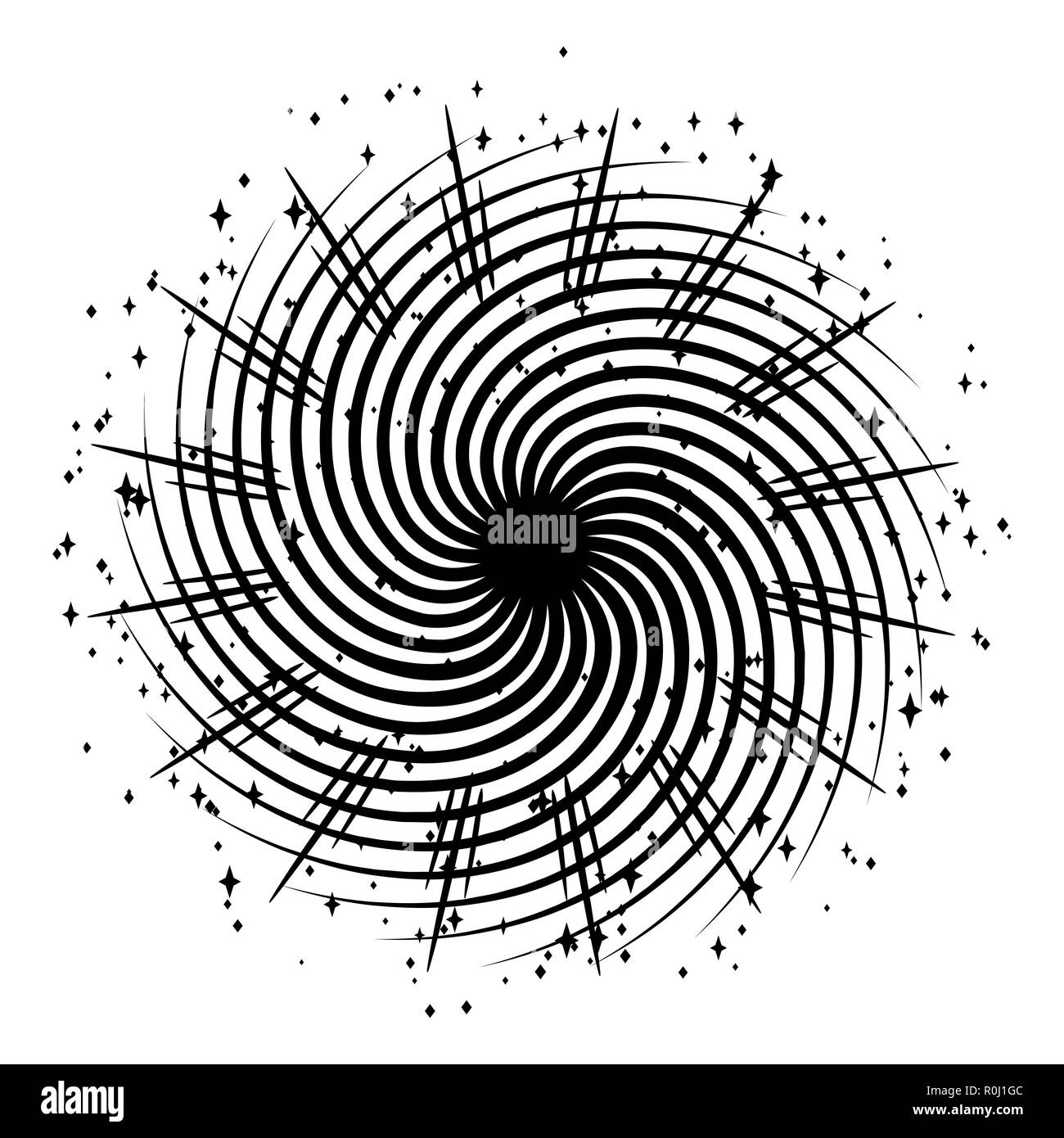 Hypnotisierende Spirale mit Strahlen und Sterne. Stock Vektor