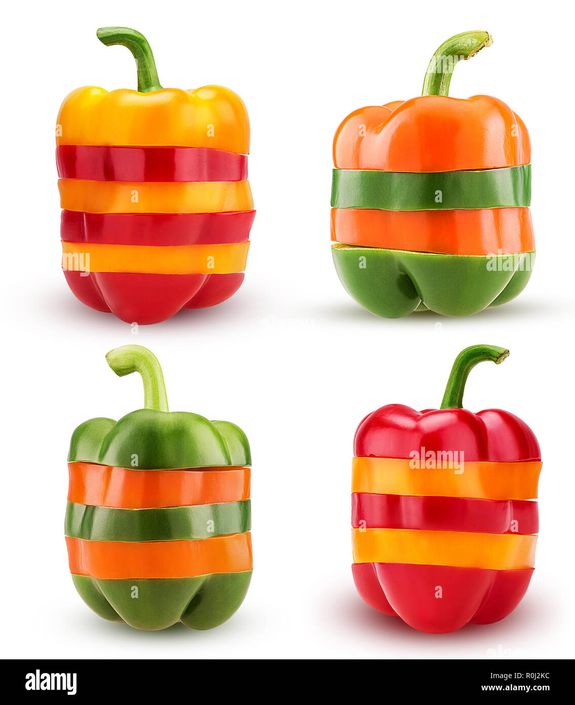 Set Paprika Schichten rot, gelb, grün, orange Farben auf weißem Hintergrund. Freistellungspfaden. Stockfoto