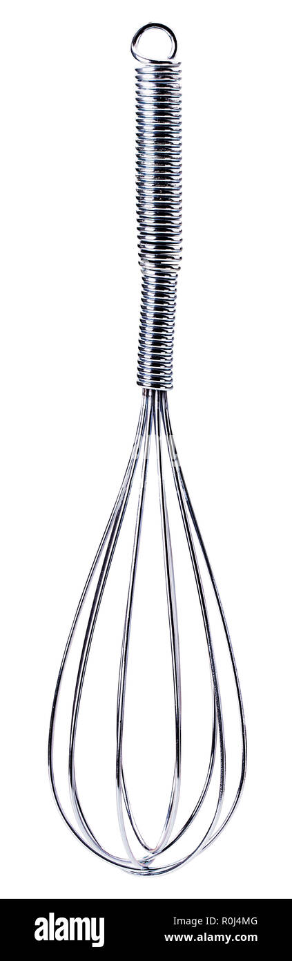 Ei aus Edelstahl Schneebesen auf weißem Hintergrund. Freistellungspfaden. Volle Tiefenschärfe. Stockfoto