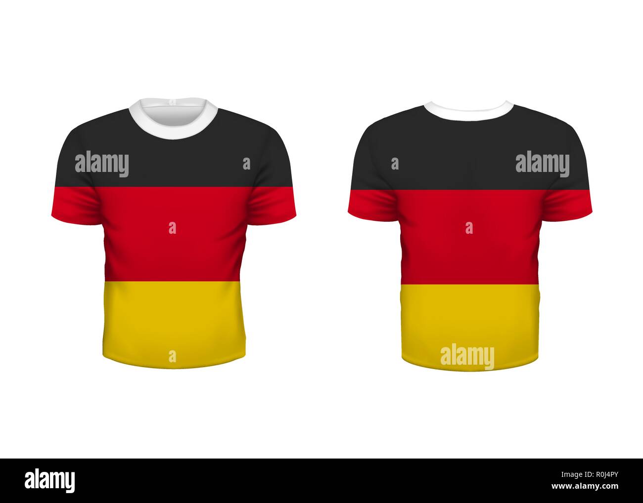 Realistische Sport t-shirt mit Deutschland Fahne von der Vorder- und Rückseite auf Weiß isoliert Stock Vektor