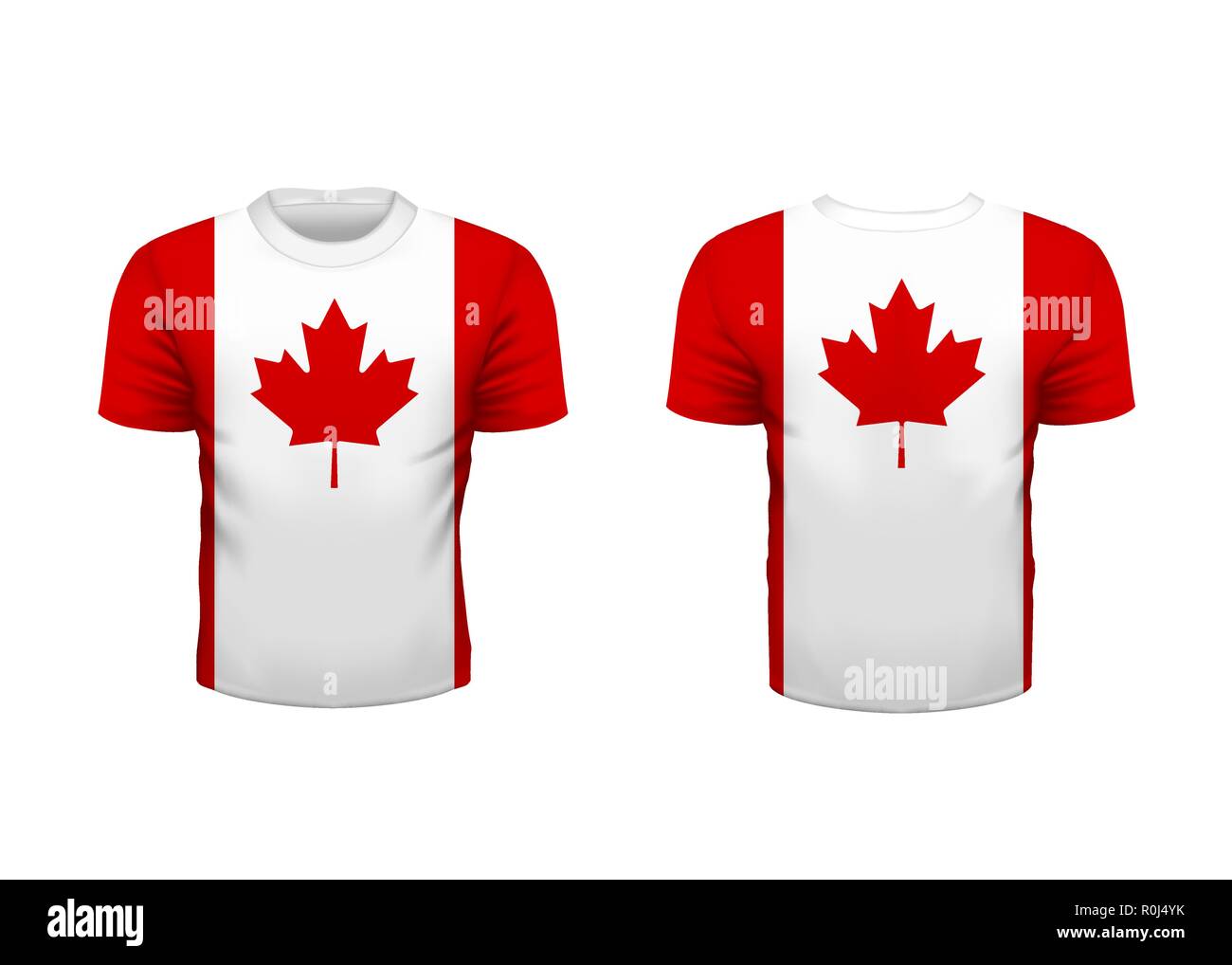 Realistische Sport t-shirt mit Kanada Flagge von vorne und hinten auf Weiß isoliert Stock Vektor