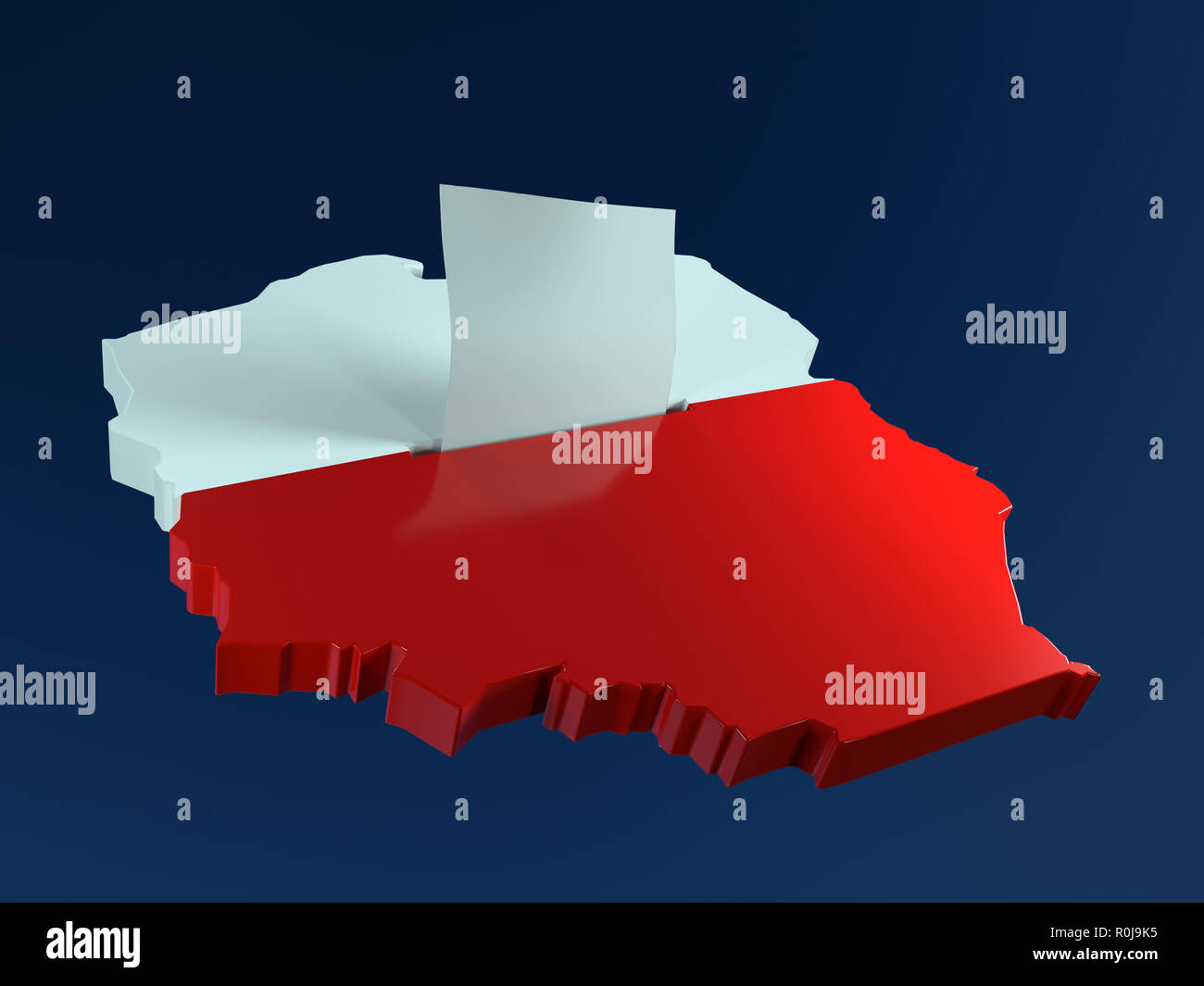 3D-Render von Urnen in Form von Polen borderline mit nationalen weiße und rote Fahne Farben und Stimmkarte Hälfte - eingefügt in die Wahlurne Steckplatz Stockfoto