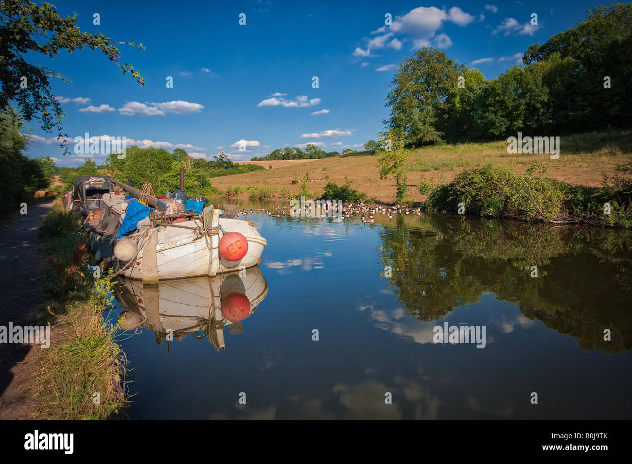 Weißes Boot mit roter Boje in Rickmansworth am Grand Union Canal, Großbritannien Stockfoto