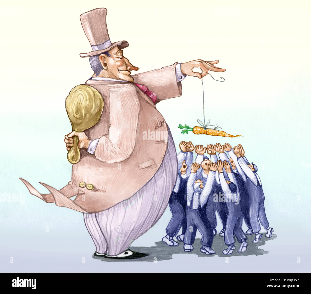 Rich master zieht Arbeitnehmer mit Karotte und er versteckt sich eine große Baton politische Karikatur bleistift Humor zeichnen Stockfoto