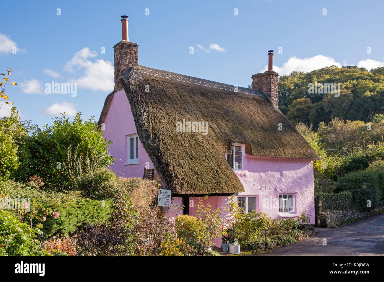 Reetgedeckte Cottages in das attraktive Dorf Dunster, Exmoor National Park, Somerset, England, Großbritannien Stockfoto