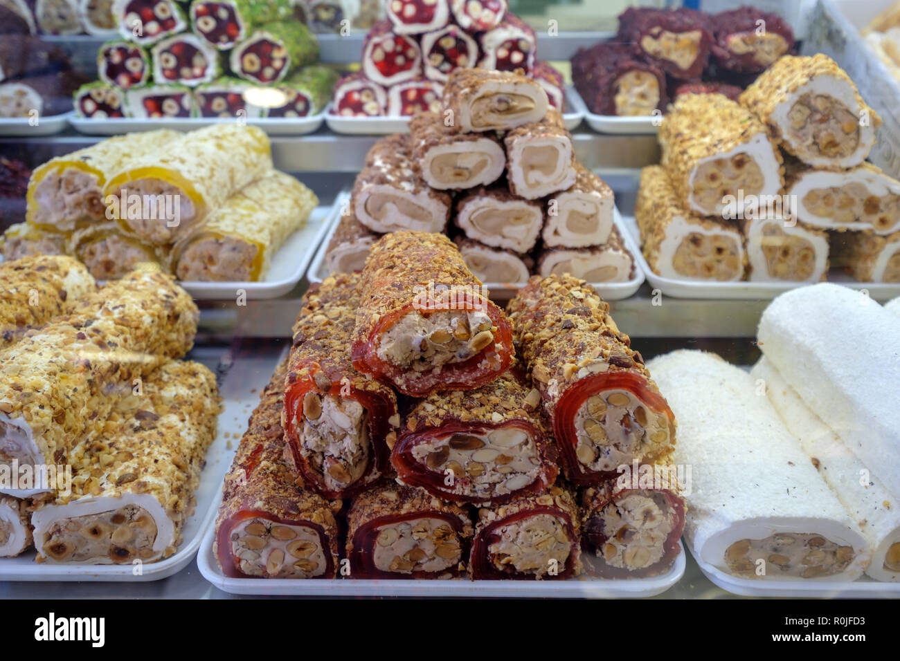 Turkish Delight Spezialitäten zum Verkauf in einem Laden in Kemer, Türkei Stockfoto