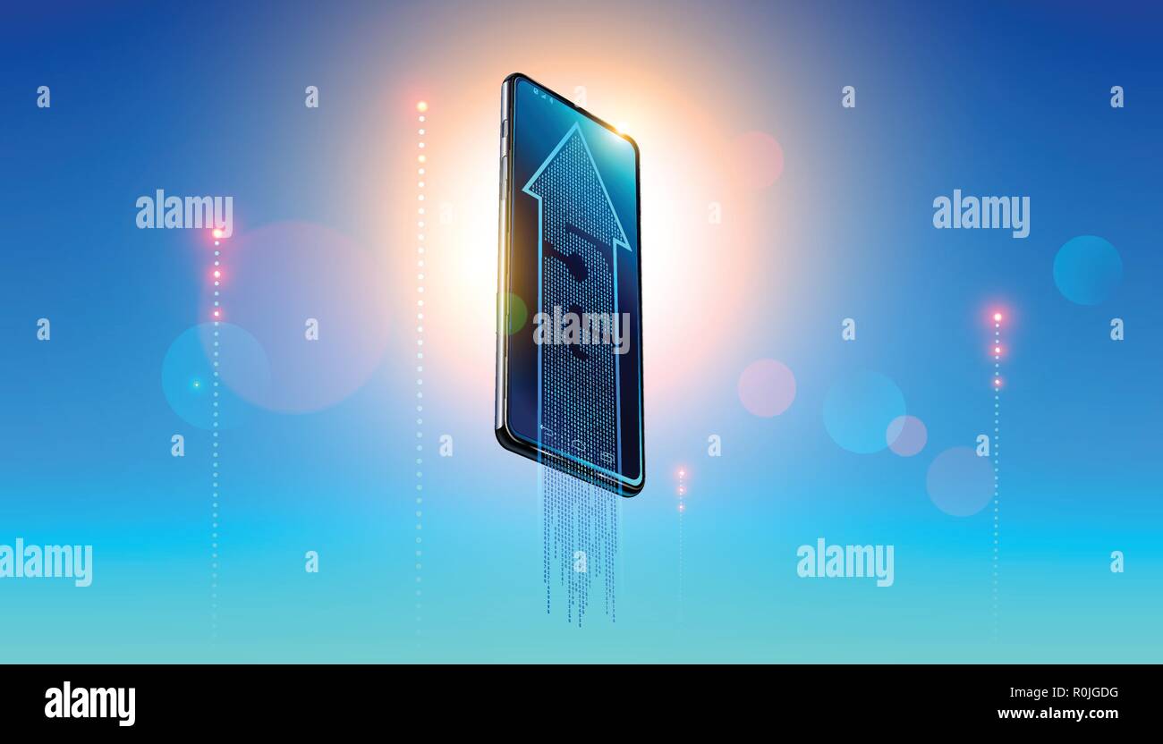 5g digitale Netzwerk Symbol auf dem Bildschirm modernen Smartphone auf Hintergrund klarer Himmel und Lichtsignal lte Der Iot-Geräte. Der Pfeil zeigt Hi-speed Internet Anschluss. LTE-Technologie Stock Vektor