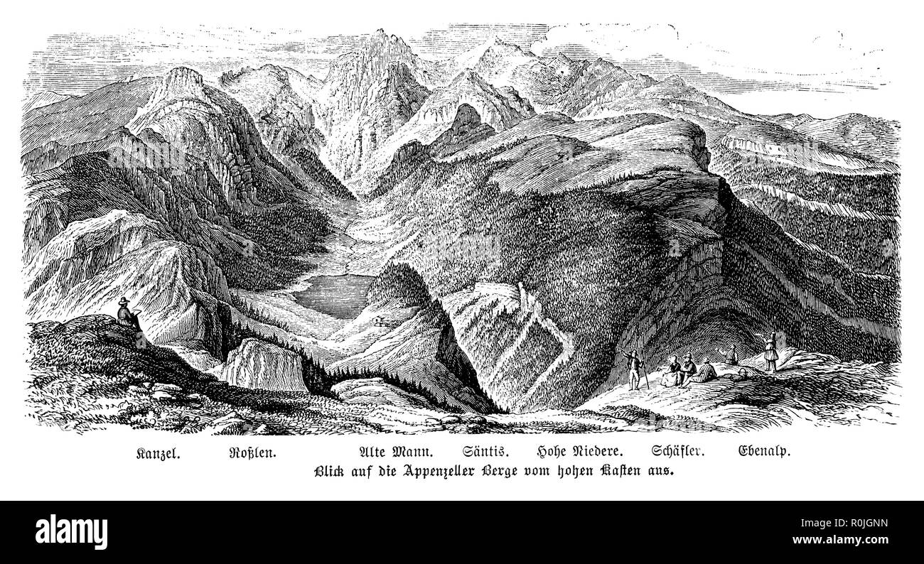 Blick auf die Appenzeller Berge aus den Berg Hoher Kasten, Stockfoto