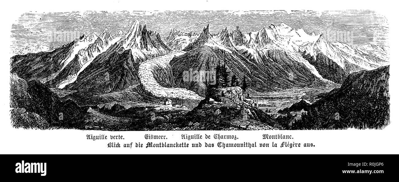 Blick auf den Montblanc und die Berge von La Chamonital Elégère, Stockfoto