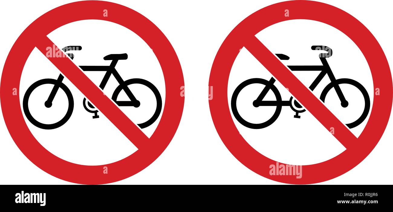 Kein Fahrrad/Fahrräder nicht erlaubt. Schwarz bike Anmelden rot durchgestrichenen Kreis. Links und rechts mit Blick auf Version. Stock Vektor