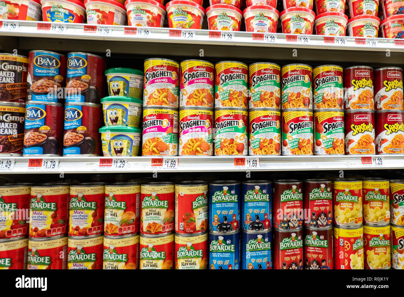 Regale voller Konserven für den Verkauf in einem kleinen Lebensmittelladen in der Spekulant, NY, USA Stockfoto