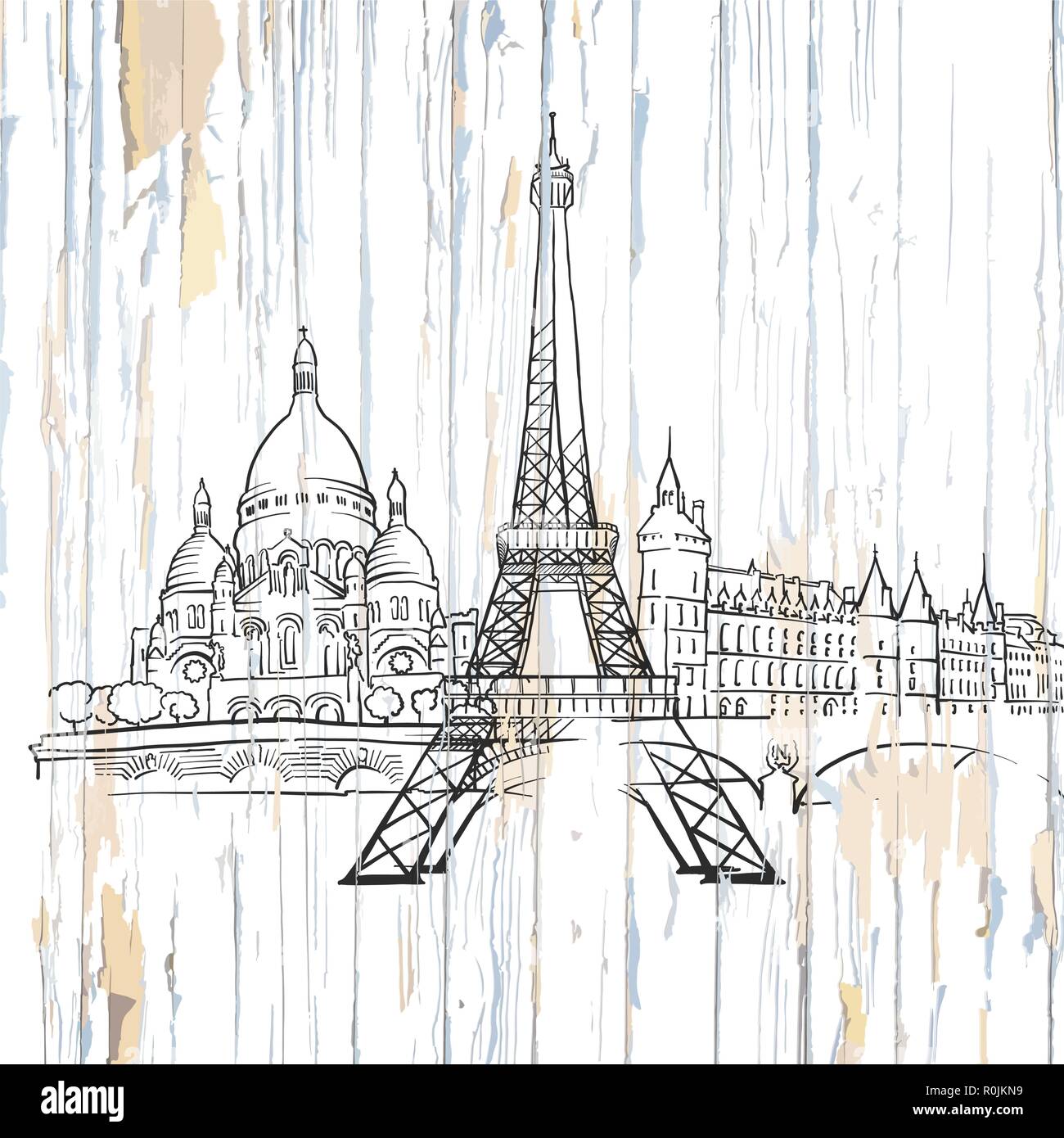 Paris Zeichnung auf Holz. Vector Illustration auf vintage Hintergrund. Stock Vektor