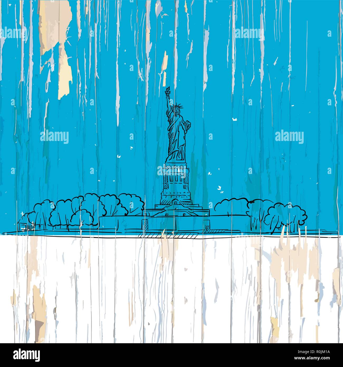 Liberty Island Skizze auf Holz. Vector Illustration auf vintage Hintergrund. Stock Vektor