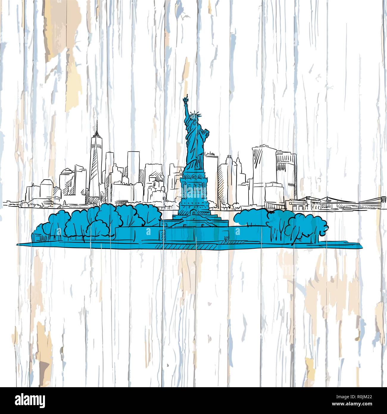 Liberty Island Skizze auf Holz- Hintergrund. Vector Illustration auf vintage Hintergrund Stock Vektor