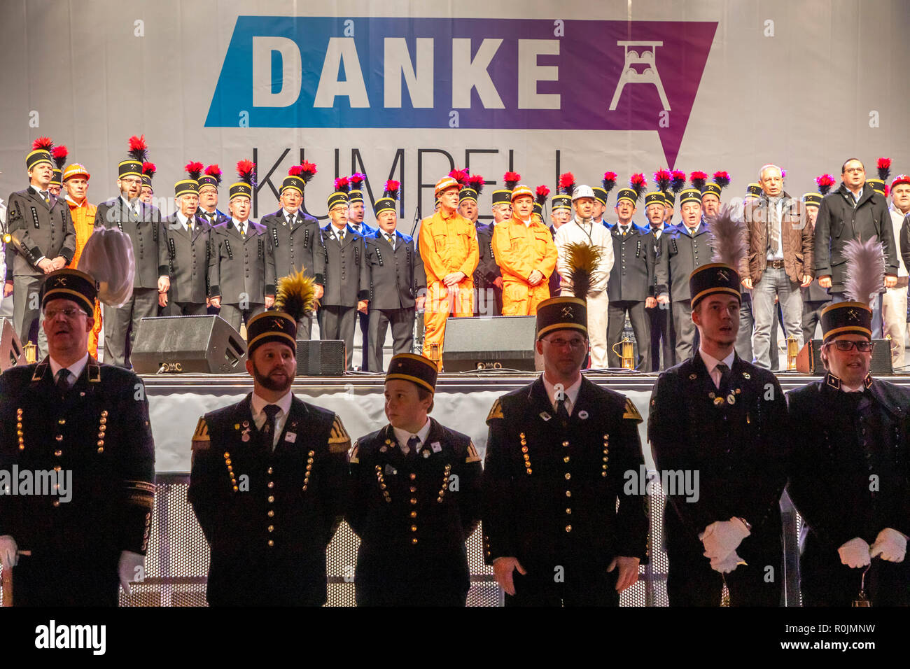 Vielen Dank Miner, ein Bürger Partei für den Kohlenbergbau in Deutschland, die von der RAG organisiert Abschied, Ruhrkohle AG, an 5 Standorten im Ruhrgebiet, hier an der Zollv Stockfoto