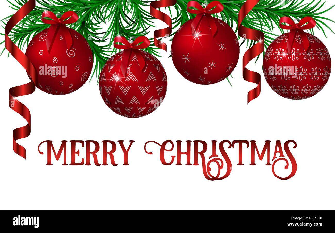 Weihnachten Und Neujahr Dekoration Schablone Mit Tannenbaum Girlande Rot Verziert Metallisch Glanzenden Weihnachtskugeln Gewellte Bander Und Bug Auf Weiss Ort F Stock Vektorgrafik Alamy