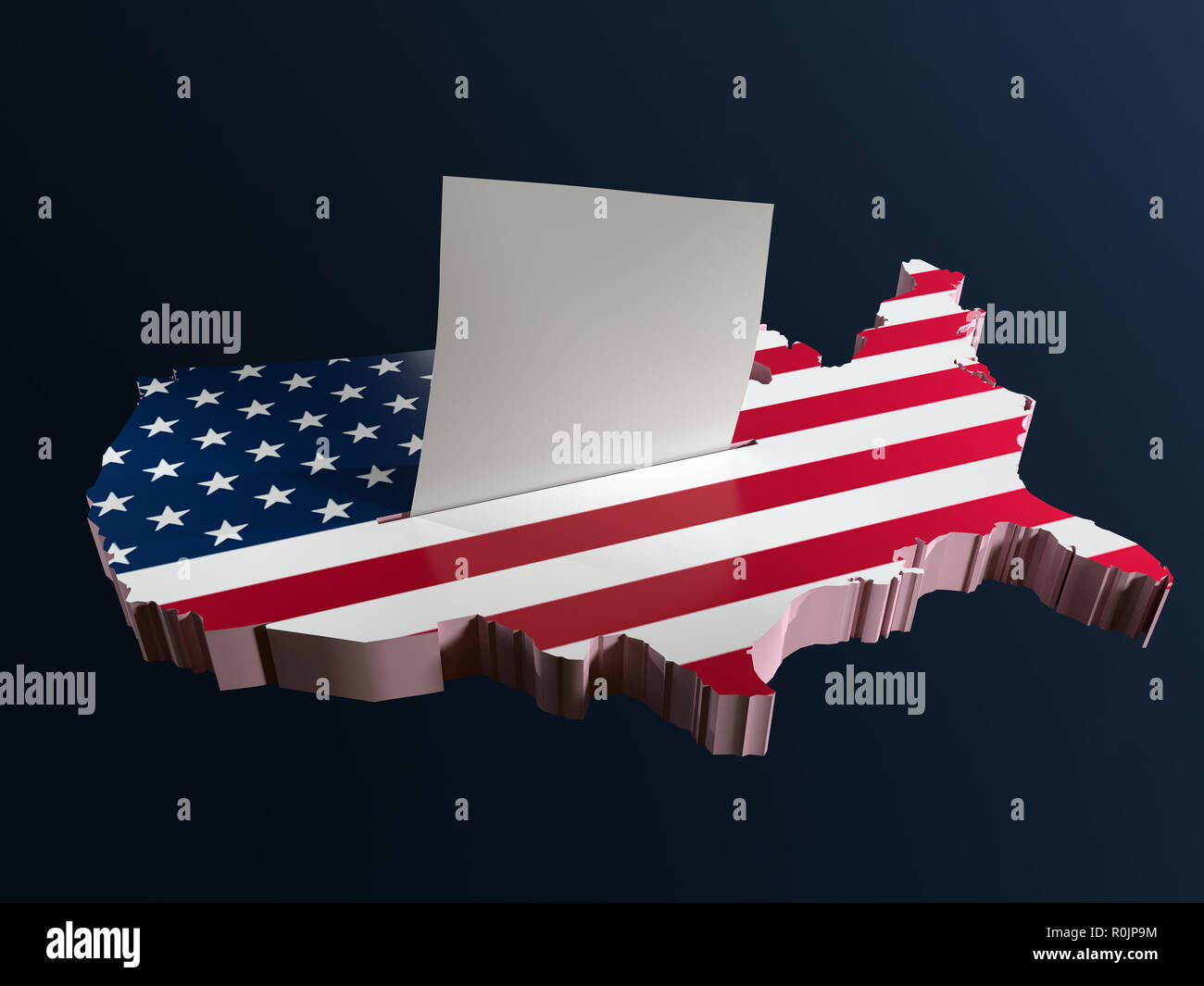 3D-Render von Urnen in Form der USA borderline mit National Flagge und Stimmkarte Hälfte - eingefügt in die Wahlurne Steckplatz Stockfoto