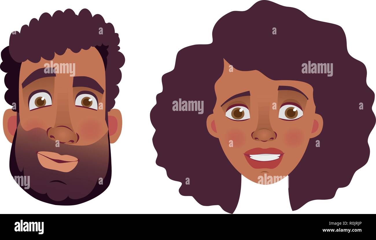 Gesicht der afrikanischen Mann und Frau. Gefühle der afrikanischen amerikanischen Frau Gesicht. Mimik Männer Vector Illustration Stock Vektor