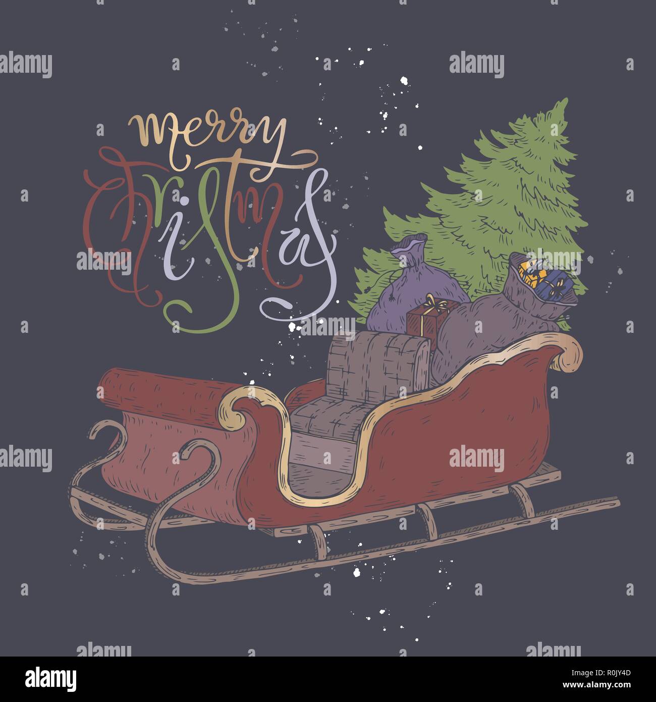 Bürste Schriftzug Gruß und eine Farbe Schlitten mit Weihnachtsbaum und Geschenke. Stock Vektor