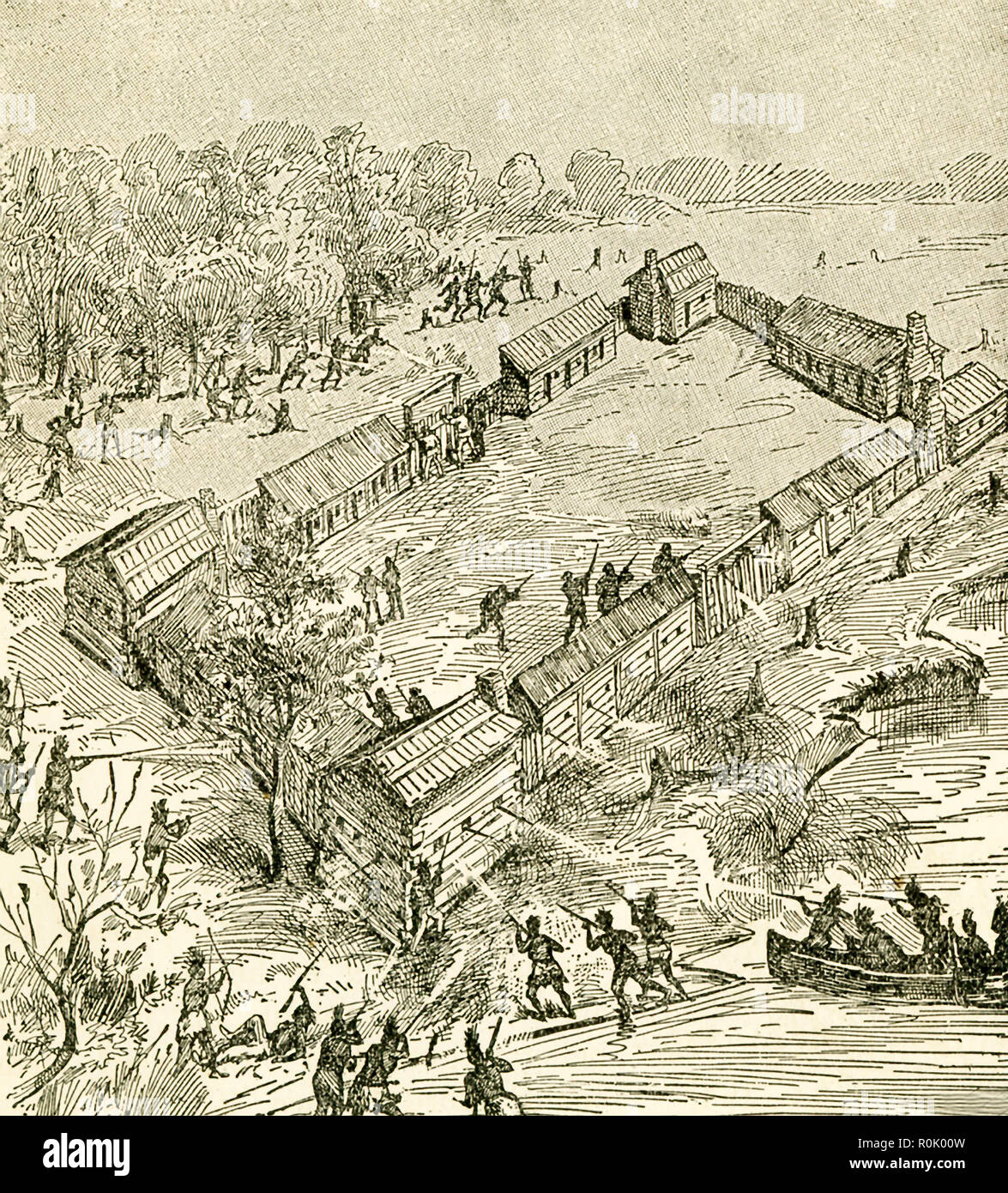 Die Bildunterschrift lautet: Schlacht von boonesborough. Aufzeichnungen deuten darauf hin, dass es fand im Mai 1777 statt. Der gebürtige Amerikaner haben sich zurückziehen. Boonesborough hatte im Jahre 1775 beigelegt. Diese Abbildung ist von dem Buch mit dem Titel: Geschichte des Wilden Westens und Lagerfeuer Chats: Wird die vollständige und authentische Geschichte des grossen Helden der Western Plains, Buffalo Bill Wild Bill, Kit Carson, Daniel Boone, Davy Crockett, Sam Houston, und Generäle Gauner, Meilen und Custer. Es wurde erstmals 1888 veröffentlicht. Diese Ausgabe wurde 1902 veröffentlicht. Stockfoto
