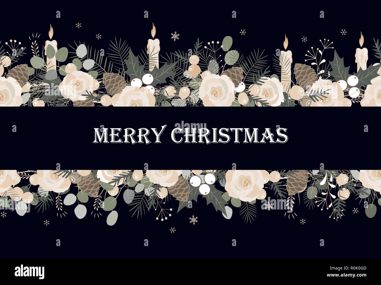 Banner mit Vektor christmas tree branches, Rosen und Kerzen, und Platz für Text. Stock Vektor