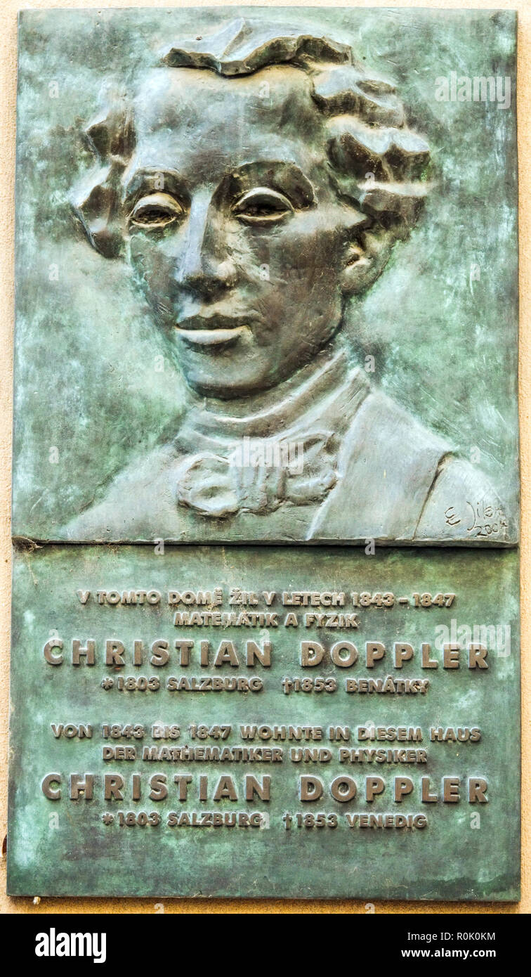 Christian Doppler, Prag bronze relief Haus, Österreichischer Mathematiker und Physiker Stockfoto