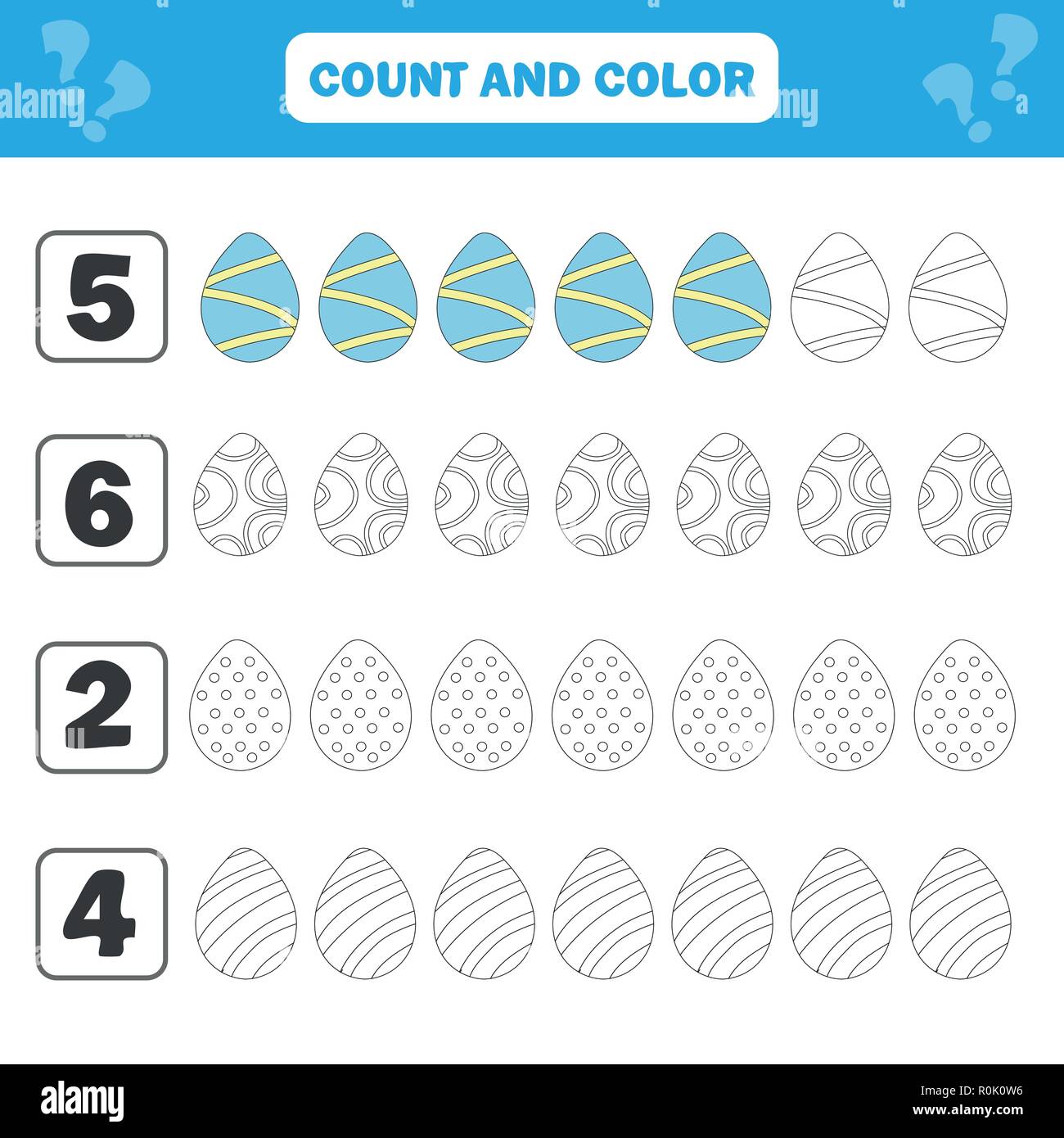 Spiel für Kinder im Vorschulalter. Anzahl und Farbe Ostereier im Bild Stock Vektor