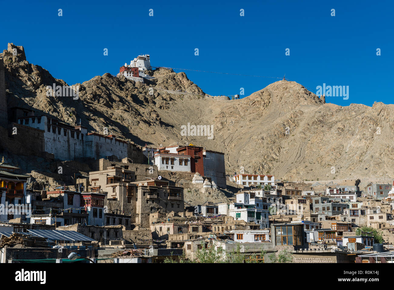 Häuser der alten Gemeinde von Leh, der Hauptstadt Ladakhs und bei 3.600 m über dem Meeresspiegel gelegen, mit umliegenden Hügeln und Namgyal Tsemo Gompa in der Stockfoto