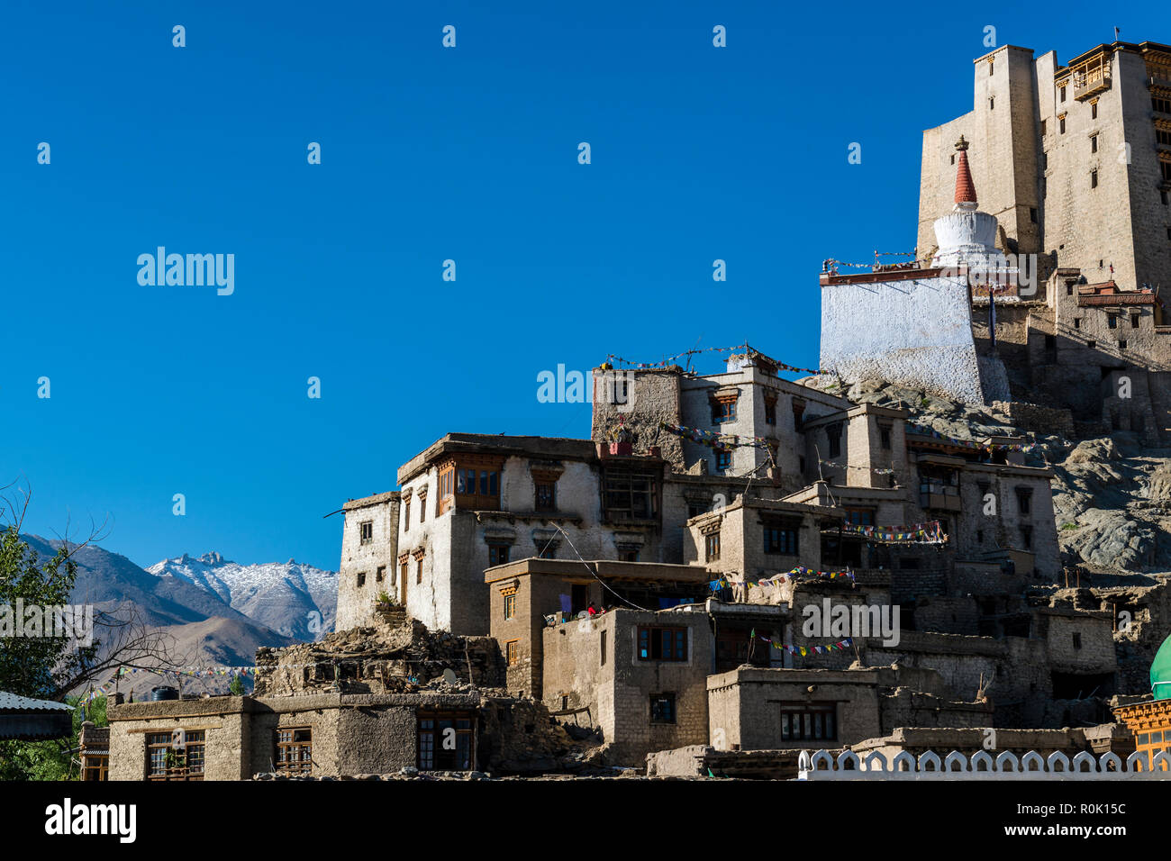 Häuser der alten Gemeinde von Leh, der Hauptstadt Ladakhs und bei 3.600 m über dem Meeresspiegel, mit einem Teil von Leh Palast auf der Oberseite. Stockfoto
