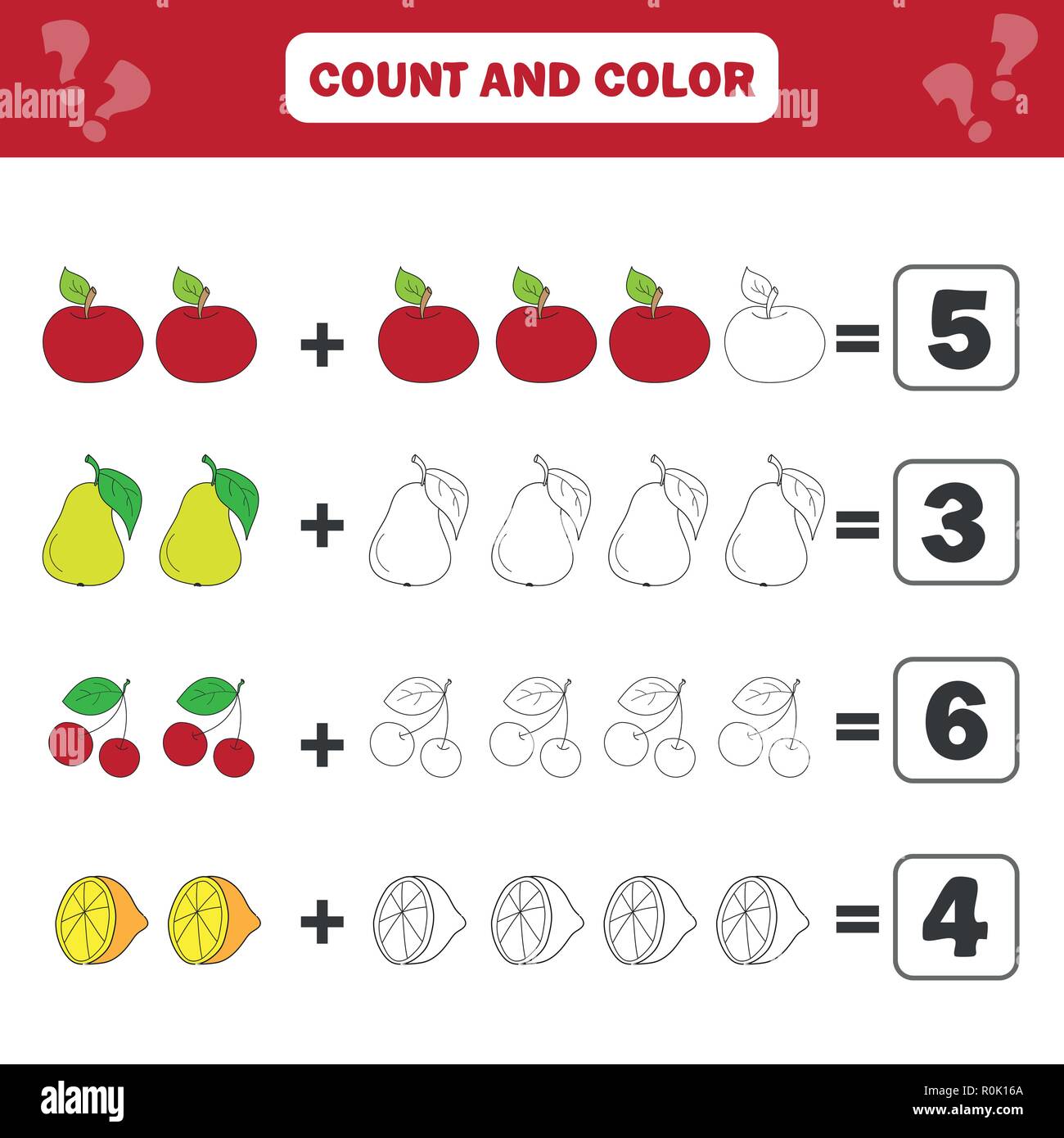 Mathe Lernspiel für Kinder. Zählen von Gleichungen. Außerdem Arbeitsblatt Stock Vektor